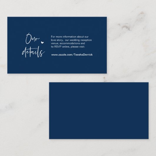 Casual, minimaal, Navy Blue font, Wedding Details Informatiekaartje (Voorkant / Achterkant)