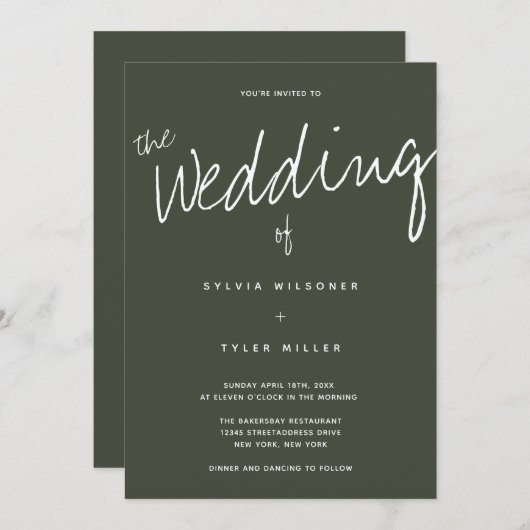 Casual Modern Dark Sage Typografie Bruiloft Kaart (Voorkant / Achterkant)