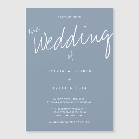 Casual moderne blauwe typografie bruiloft magnetische uitnodiging (Voorkant)