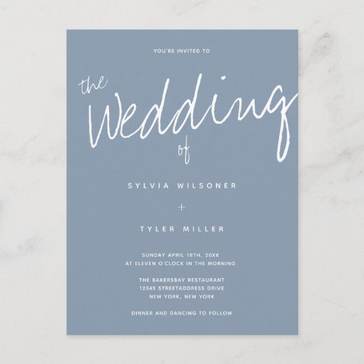 Casual moderne blauwe typografie bruiloft uitnodiging briefkaart (Voorkant)