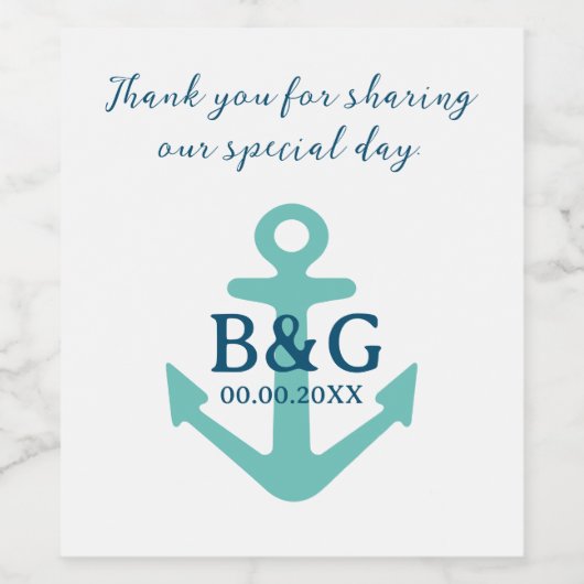Casual nautische bruiloft blauwgroen anker op maat wijn etiket (Enkel label)