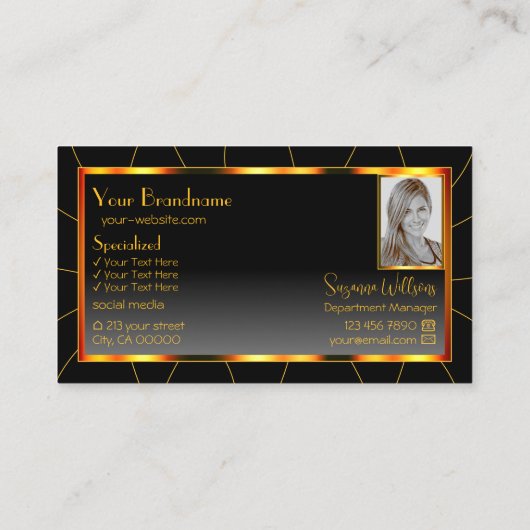 Casual Oranje Lijst en zwarte gradiënt met foto Visitekaartje (Achterkant)
