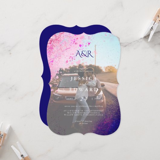 Casual roze blauwe glitter foto bruiloft kaart (Voorkant / Achterkant in situ)