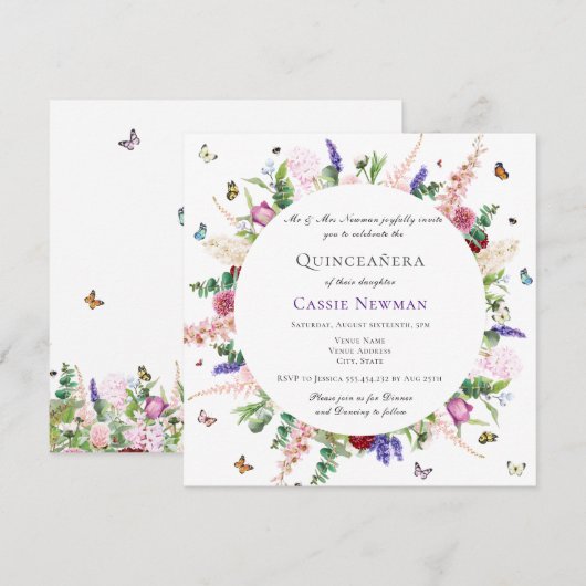 Casual Roze Paars Floral Butterflies Quinceañera Kaart (Voorkant / Achterkant)