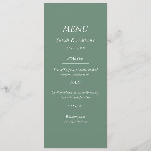 Casual Sage Green Minimalistisch Elegant Trouwvoed Menu (Voorkant)