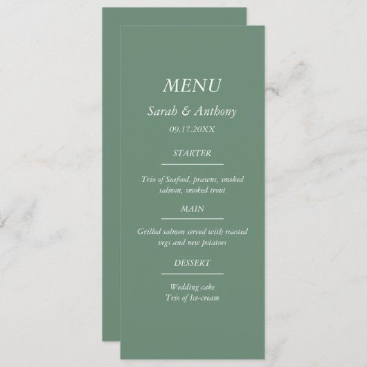 Casual Sage Green Minimalistisch Elegant Trouwvoed Menu (Voorkant / Achterkant)