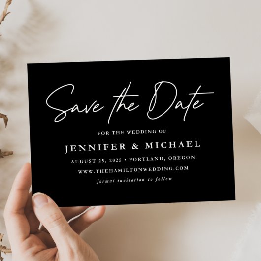 Casual Script Black en White Wedding Save The Date
