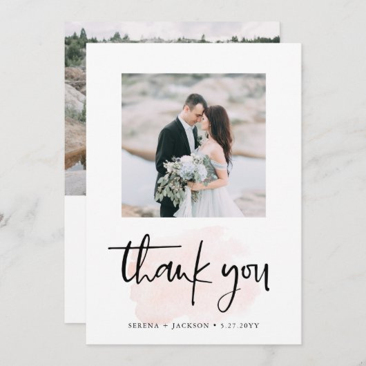 Casual Script | Blush minimalist twee-fotobruiloft Bedankkaart (Voorkant / Achterkant)