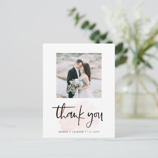 Casual Script | Blush minimalistische foto Dank u Briefkaart (Staand voorkant)