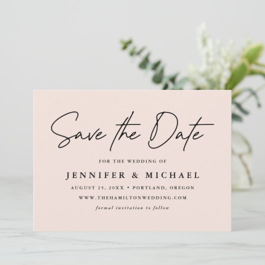 Casual Script Blush Weddenschap Save The Date (Staand voorkant)