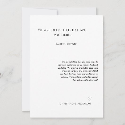 Casual script bruiloft verwelkomt & reisweekend aankondiging (Voorkant)