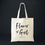 Casual Script | Chic Simple Bloemenmeisje Gift Tote Bag<br><div class="desc">Deze stijlvolle en chique cadeautas van een bruidsfeestje is uitgerust met een moderne,  casual typografie met zwart script die "Bloemenmeisje" zegt,  en een trendy gekrabbeld hart,  met haar naam in een eenvoudige vetgedrukte tekst. Het perfecte elegante trouwcadeau voor je hele bruiloft.</div>