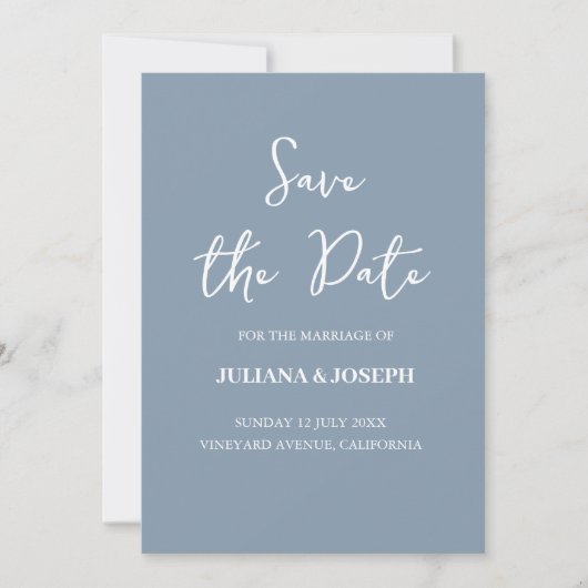 Casual Script Dusty Blue Typography Wedding Save The Date (Voorkant)