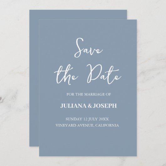 Casual Script Dusty Blue Typography Wedding Save The Date (Voorkant / Achterkant)