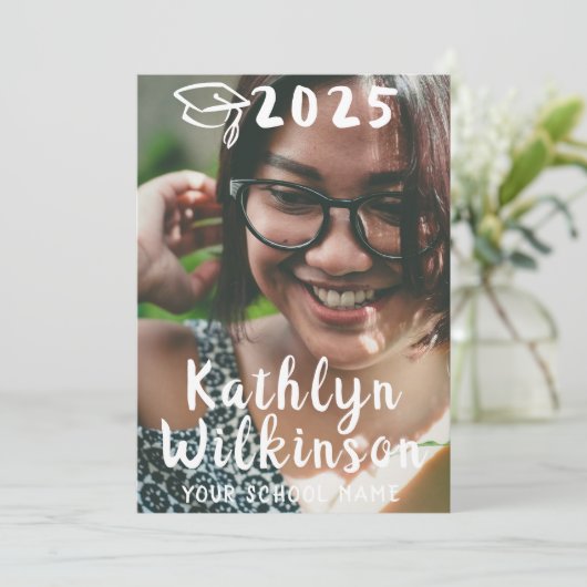 Casual script, eenvoudig 4-foto-Afstuderen Aankondiging (Staand voorkant)