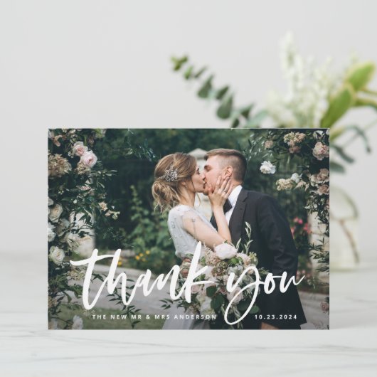 Casual script en foto | Bruiloft Bedankkaart (Staand voorkant)