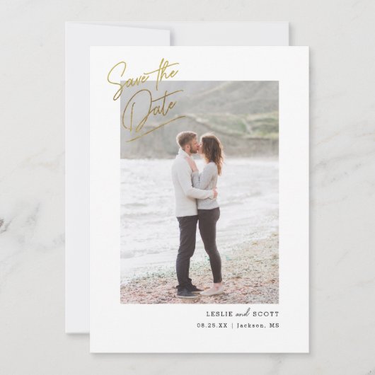 Casual script foto Save the Date Faux Gold Foil (Voorkant)