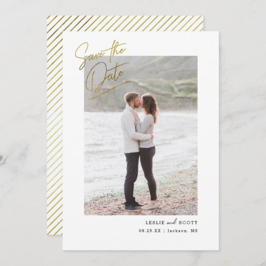 Casual script foto Save the Date Faux Gold Foil (Voorkant / Achterkant)