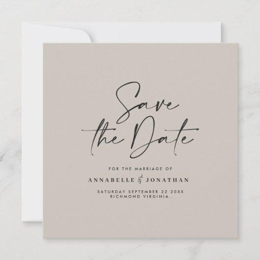 Casual script grijs modern minimal bruiloft save the date (Voorkant)