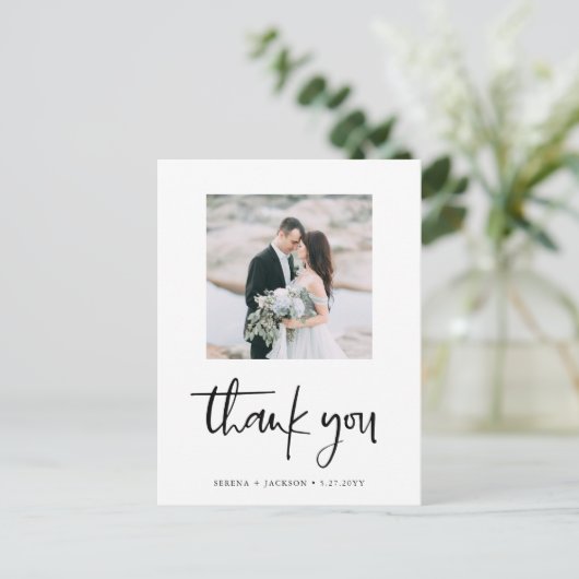 Casual Script | Minimalistische trouwfoto's bedank Briefkaart (Staand voorkant)