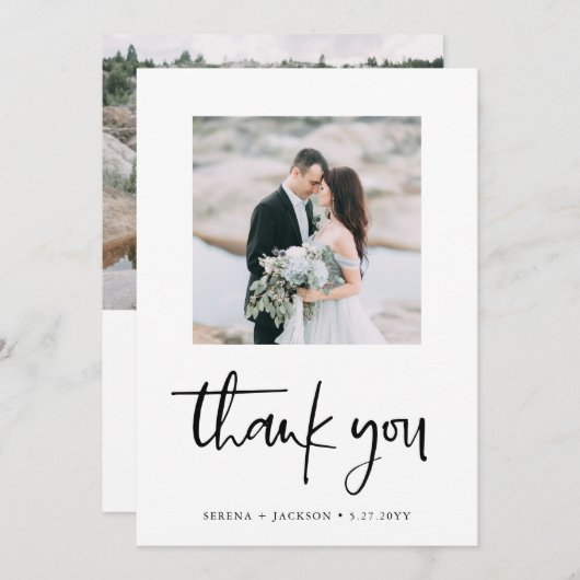 Casual Script | Minimalistische twee foto's bruilo Bedankkaart (Voorkant / Achterkant)