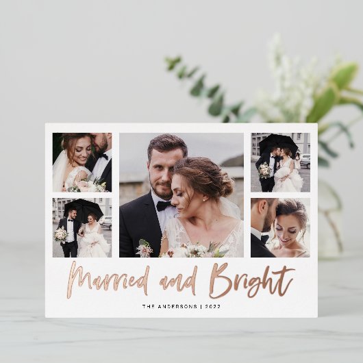 Casual Script Multi Photo Grid, gehuwd en helder Folie Feestdagenkaart (Staand Voorkant)