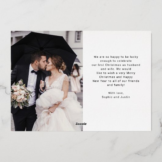 Casual Script Multi Photo Grid, gehuwd en helder Folie Feestdagenkaart (Achterkant)