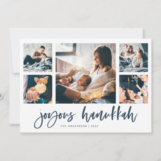 Casual Script Multi Photo Grid | Joyous Hanukkah Feestdagenkaart (Voorkant)