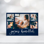 Casual Script Multi Photo Grid | Joyous Hanukkah Folie Feestdagenkaart<br><div class="desc">Deze eenvoudige,  klassieke,  klassieke,  zilveren folie familieruisterkaart kenmerkt moderne,  casual manuscripttypografie die "Joyous Hanukkah"op een donkere marineverblauwe achtergrond,  met een multi fotonet van vijf foto's op de voorzijde en één meer op de rug zegt.</div>