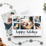 Casual Script Multi Photo Grid | PRETTIGE FEESTDAG Feestdagenkaart<br><div class="desc">Dit eenvoudige,  klassieke zwarte en witte wenskaart van de familieKerstmis kenmerkt moderne,  casual manuscripttypografie die "Prettige feestdagen"zegt,  met een multi fotonet van vijf foto's op de voorzijde en één meer op de rug.</div>