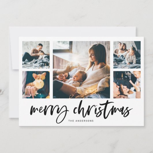 Casual Script Multi Photo Grid | Vrolijk kerstfees Feestdagenkaart (Voorkant)