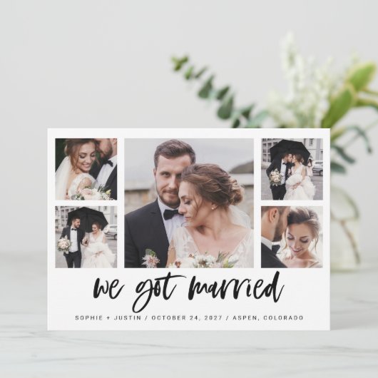 Casual Script Multi Photo Huwelijksaankondiging Kaart (Staand voorkant)