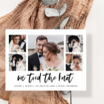 Casual script Multi Photo Wedding Announding Briefkaart<br><div class="desc">Dit eenvoudige,  zwarte en witte briefkaart van de trouwaankondiging kenmerkt moderne,  casual manuscripttypografie die "wij de knoop"vastmaakten,  met een multi fotonet van vijf foto's. Een stijlvolle manier om vrienden en familie op de hoogte te stellen van je ontwikkeling of dat je gewoon getrouwd bent.</div>