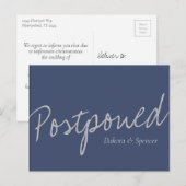 Casual Script | Navy Blue Grey Postponed Wedding Briefkaart (Voorkant / Achterkant)