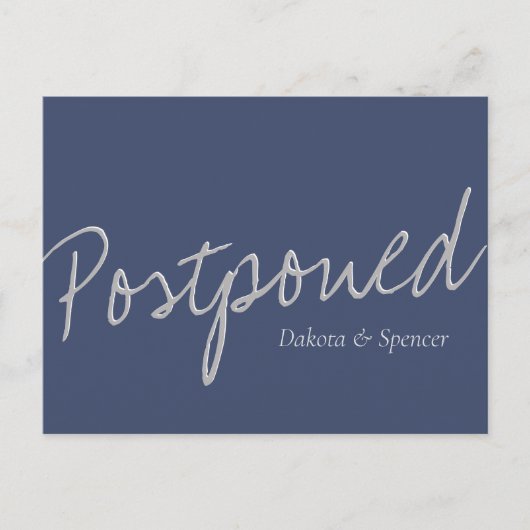 Casual Script | Navy Blue Grey Postponed Wedding Briefkaart (Voorkant)