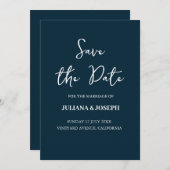 Casual Script Navy Blue Typography Wedding Save The Date (Voorkant / Achterkant)