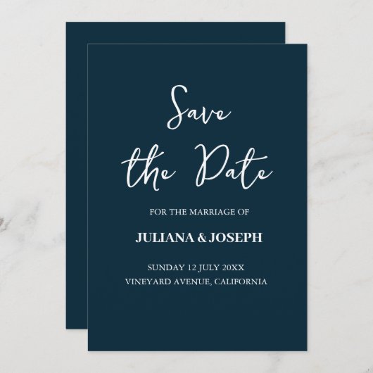 Casual Script Navy Blue Typography Wedding Save The Date (Voorkant / Achterkant)