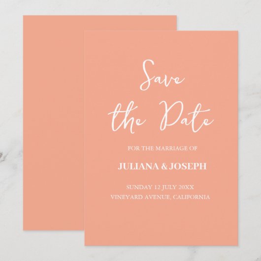 Casual Script Peach Typografie Trouwen Save The Date (Voorkant / Achterkant)