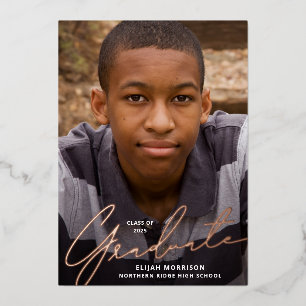 Casual Script Roos Gold Foil Foto Afstuderen Folie Uitnodiging