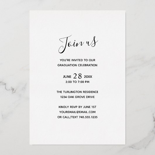 Casual Script Roos Gold Foil Foto Afstuderen Folie Uitnodiging (Achterkant)