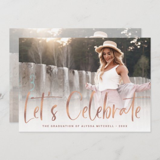 Casual Script Roos Gold Two Photo Graduparty Kaart (Voorkant / Achterkant)