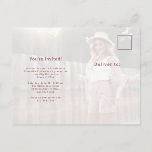 Casual Script Roos Gold Two Photo Graduparty Uitnodiging Briefkaart (Achterkant)