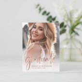 Casual Script Roos Gold Two Photo Graduparty Uitnodiging Briefkaart (Staand voorkant)