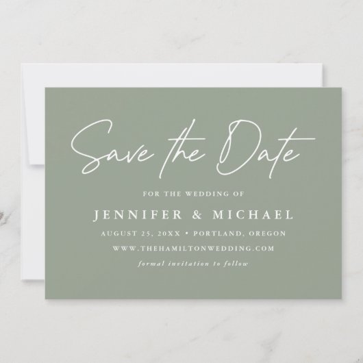 Casual Script Sage Green Wedding Save The Date (Voorkant)