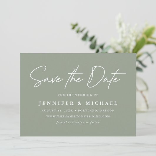 Casual Script Sage Green Wedding Save The Date (Staand voorkant)