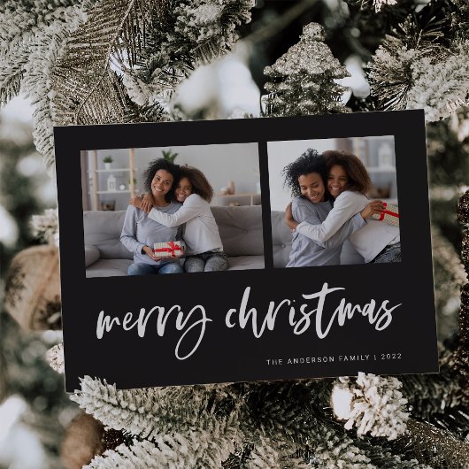 Casual Script Twee Foto Raster | Prettig Kerstfees Feestdagenkaart