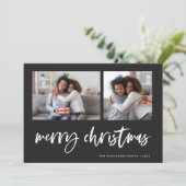Casual Script Twee Foto Raster | Prettig Kerstfees Feestdagenkaart (Staand voorkant)