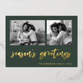 Casual script twee fotoraster | Groeten van het se Folie Feestdagenkaart (Voorkant)
