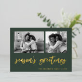 Casual script twee fotoraster | Groeten van het se Folie Feestdagenkaart (Staand Voorkant)