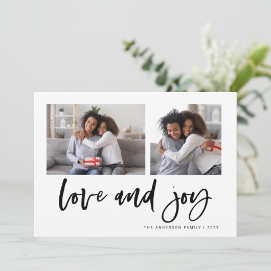 Casual script twee fotoraster | Liefde en Joy Feestdagenkaart (Staand voorkant)